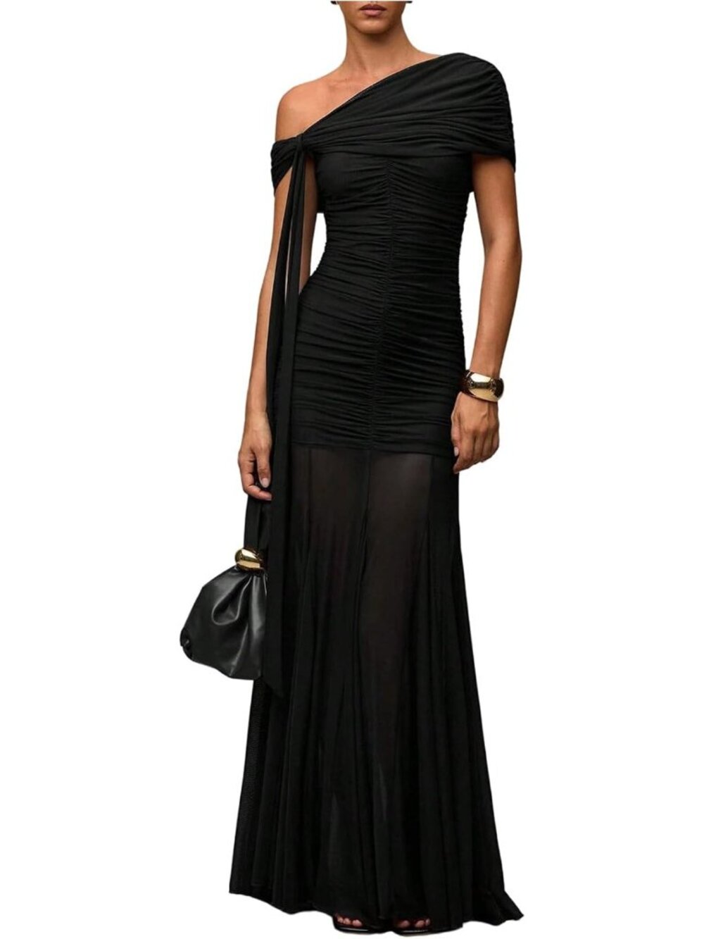 Women's Solid Black Off The Shoulder Ruched Mesh Imported Formal Corset Dress